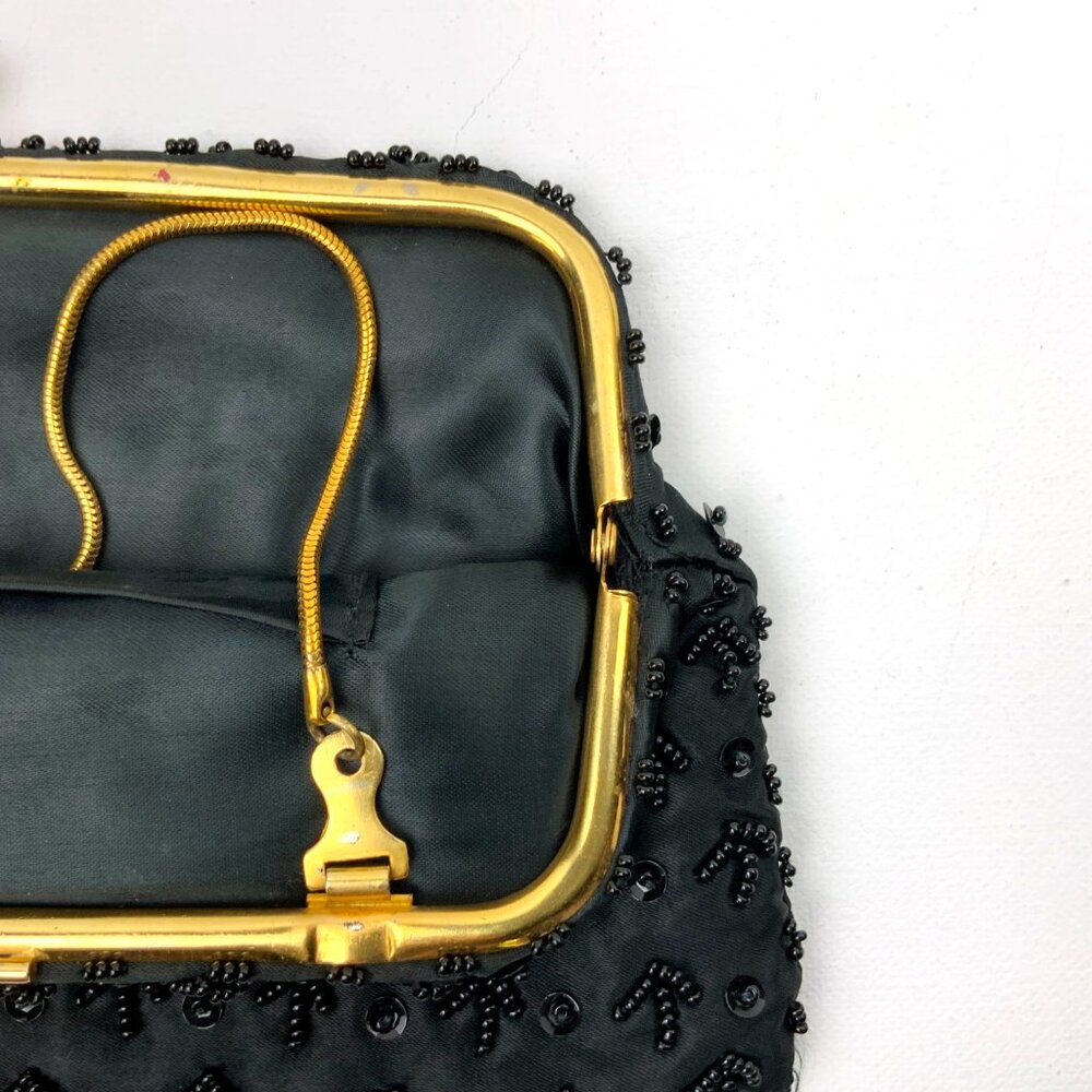 Vintage 60s Black Satin Silk Beaded and Sequined Evening Party Clutch/Bag - Picture 10 of 16